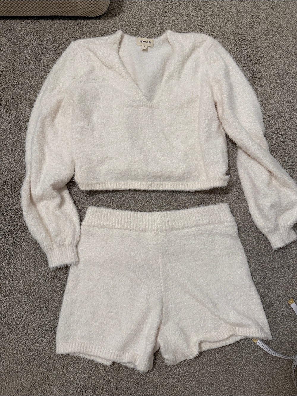 Open Edit Cream V-Neck Knit Crop Sweater and Shorts Set